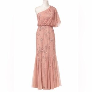 Adriana Papell Blush Pink Sequin One Shouldered Evening Gown Size 2